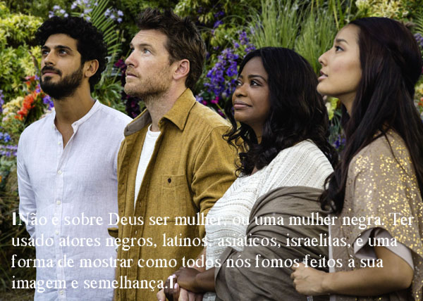 Jesus (Aviv Alush, far left), Mack Phillips (Sam Worthington, center left), Papa (Octavia Spencer, center right) and Sarayu (Sumire Matsubara, far right) in THE SHACK.